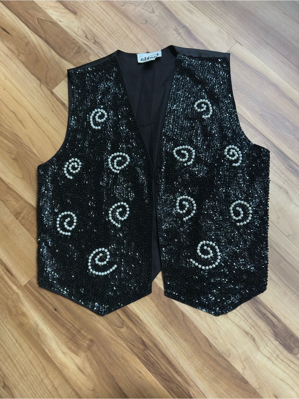 Vintage 80s 90s Creazioni black sequin vest top with pearl swirl embellishments